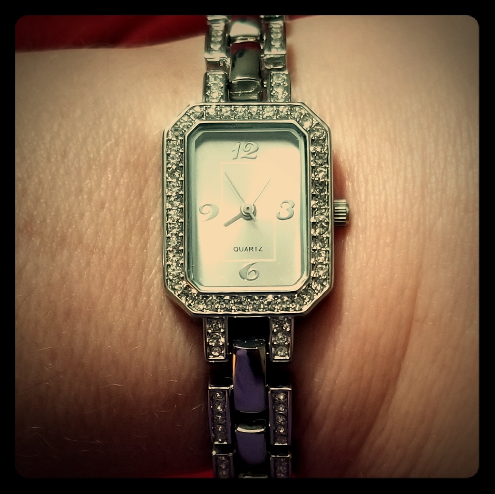 Silver Deco Link Watch Rectangle Face Clear Stones